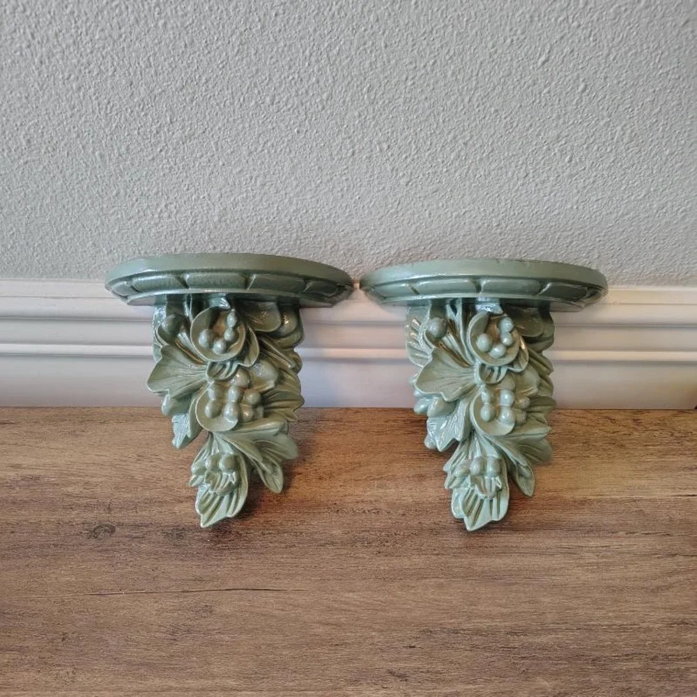 2 Resin Floral Botanical Sconce Shelves Wall Decor Ornate Shelf Pair Green
